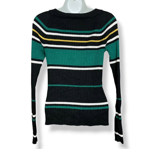 Express Ribbed Sweater Stripes Fitted Women Size Medium Teal Black Rayon Nylon - Picture 3 of 12
